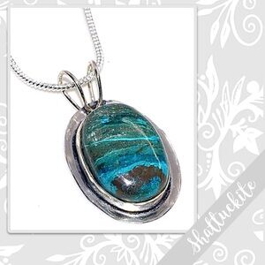 Shattuckite Large Eclectic Silver Artisan Necklace, 18” (Aqua Blue, Green)